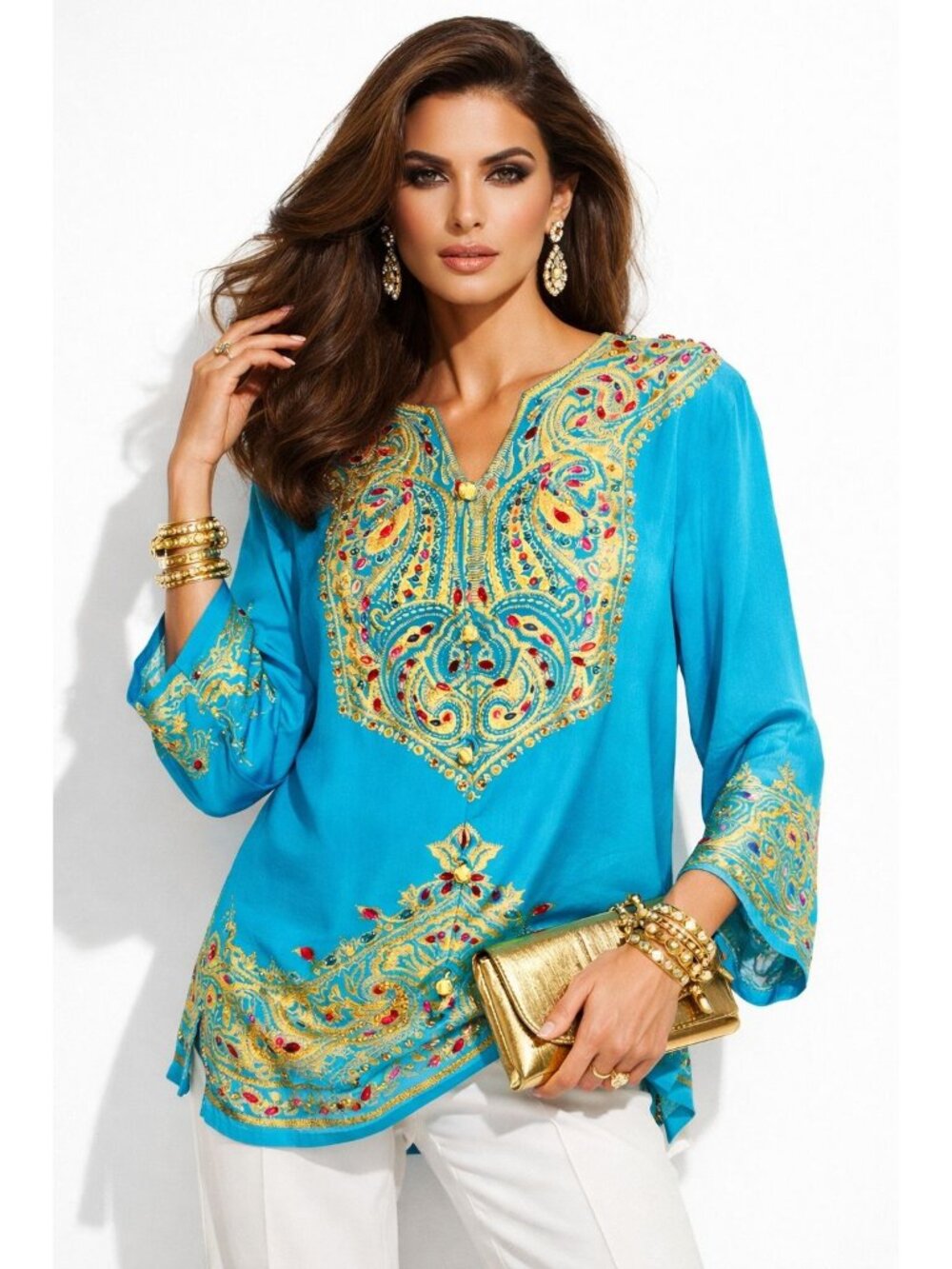 Diane Gilman 100% Silk Sky Blue Jeweled Embroidered Women M Luxury Glam Money